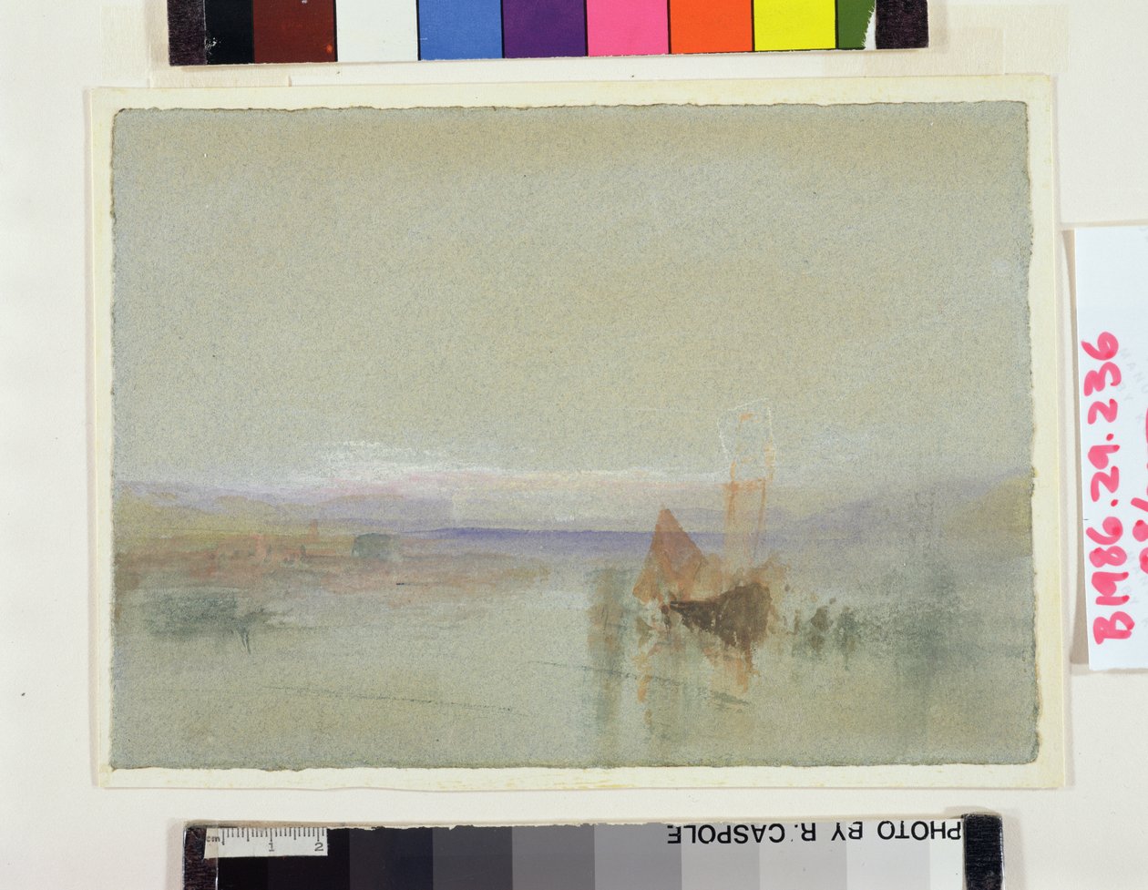 Fiskebåter ble beroliget utenfor Le Havre (wc og kroppsfarge på blått papir) av Joseph Mallord William Turner