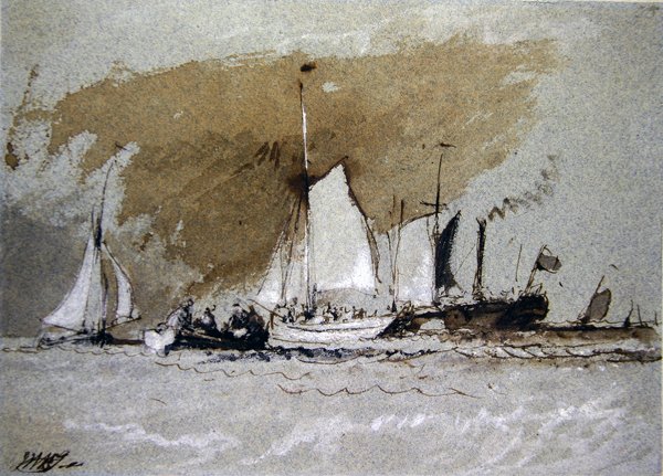 Fiskebåter til sjøs, ombord på en dampbåt utenfor Cowes, Isle of Wight (penn- og blekkvask og kroppsfarge på blått papir) av Joseph Mallord William Turner