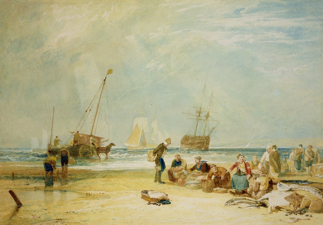 Fishmarket on the Sands, Hastings (wc) av Joseph Mallord William Turner