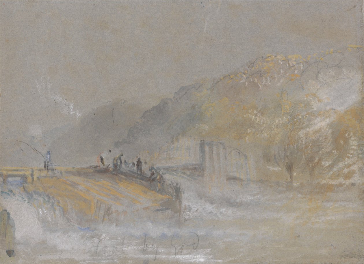 Foul by God: elvelandskap med sportsfiskere som fisker fra et overløp av Joseph Mallord William Turner