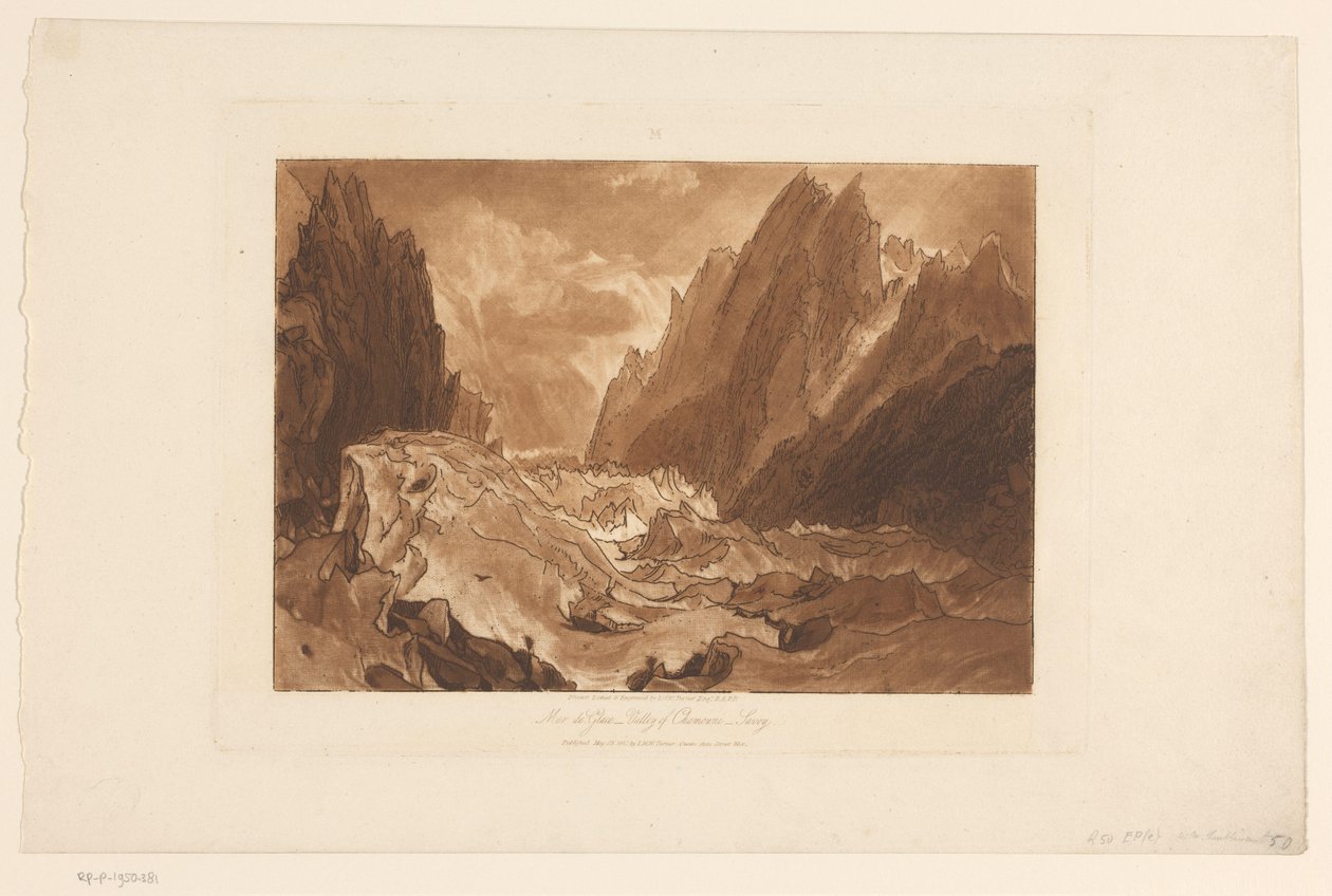 Utsikt over Mer-de-Glace-breen ved Mont Blanc Mer de Glace - Chamouni-dalen - Savoy (tittel på objekt) Landskapsstudier (serietittel) Liber Studiorum (serietittel) av Joseph Mallord William Turner