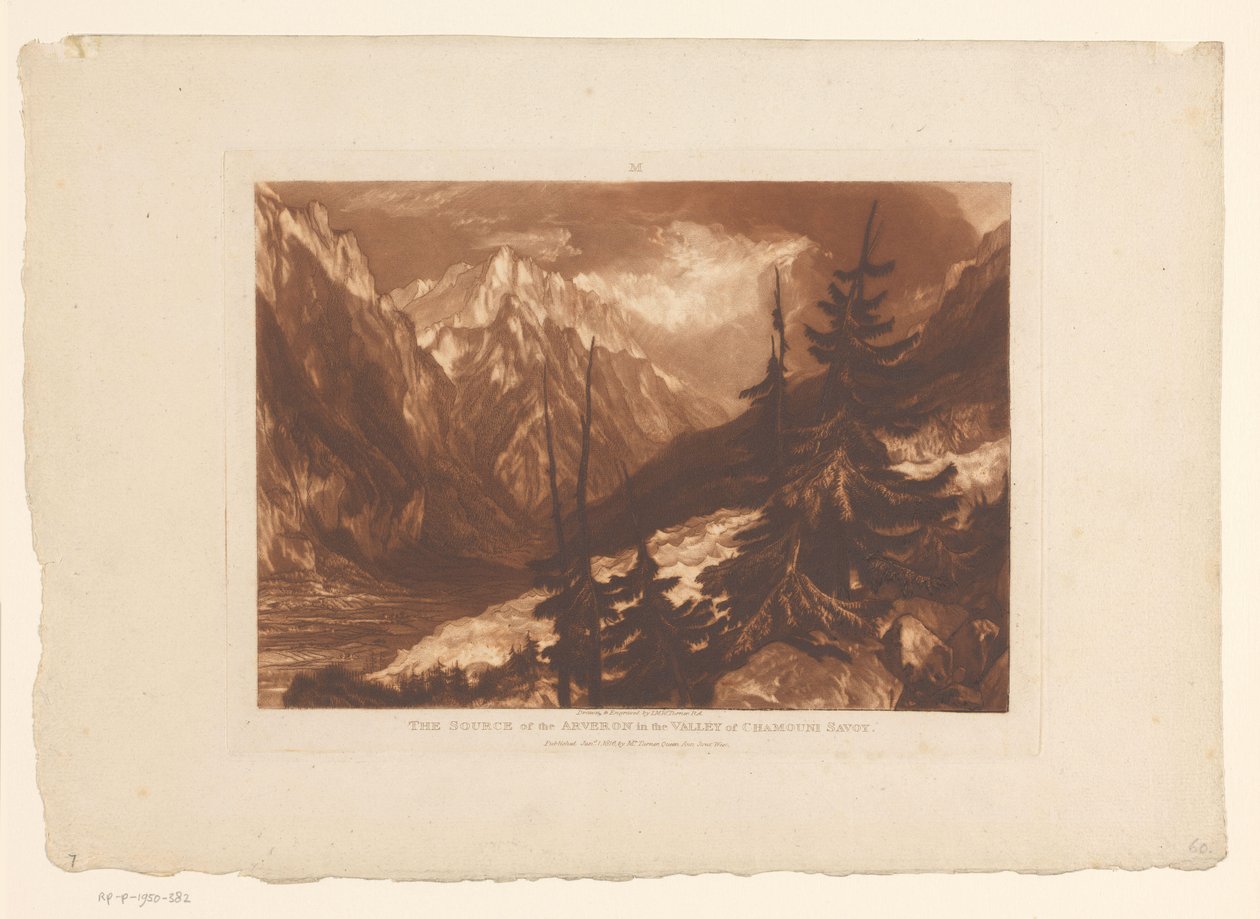 Utsikt over Chamonix-dalen med elven Arveyron Kilden til Arveron i Chamouni Savoy-dalen (tittel på objekt) Landskapsstudier (serietittel) Liber Studiorum (serietittel) av Joseph Mallord William Turner