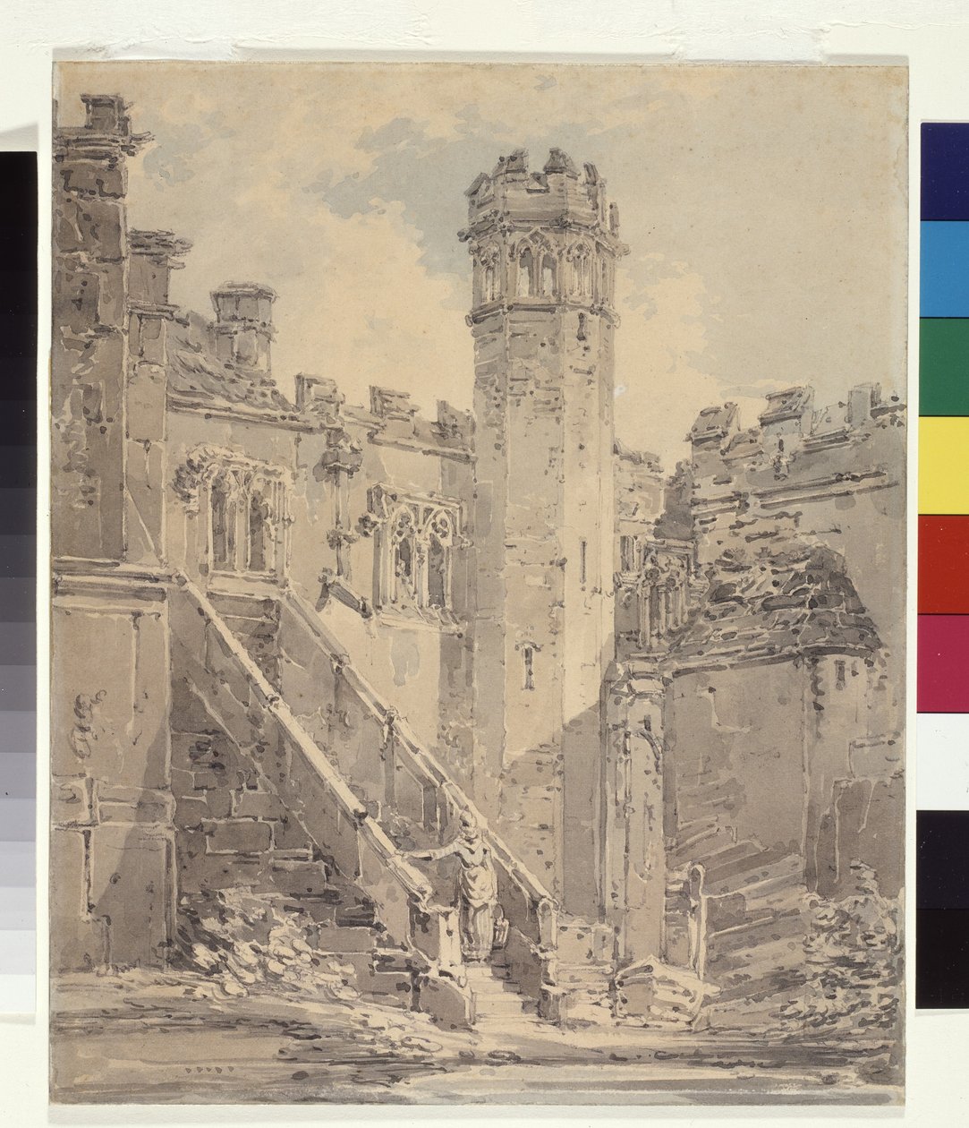 Haddon Hall nær Bakewell, Derbyshire (blått og grått blekk vaskes over blyant på hvitt papir) av Joseph Mallord William Turner