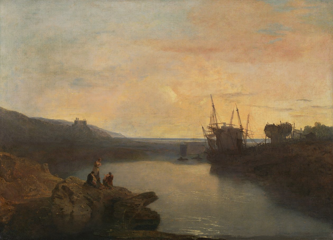 Harlech Castle, fra Tygwyn Ferry, Summer's Evening Twilight [1799, Royal Academy of Arts, London, utstillingskatalog] av Joseph Mallord William Turner