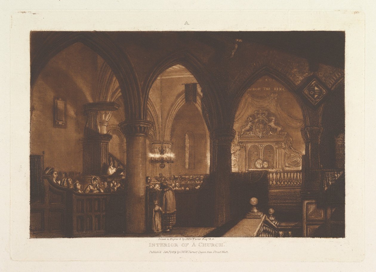 Interiør i en kirke Liber Studiorum, del XIV, plate 70, 1. januar 1819. av Joseph Mallord William Turner