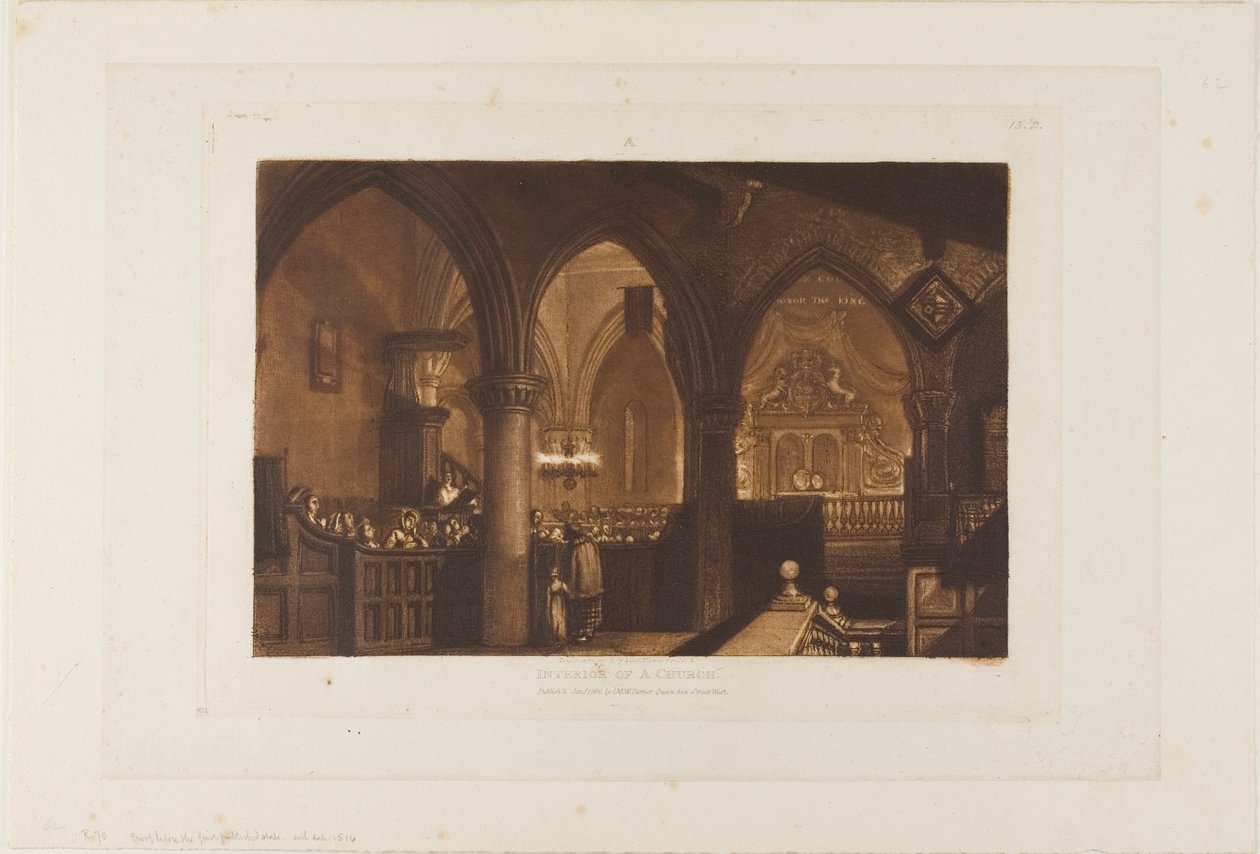 Interiør i en kirke, plate 70 fra Liber Studiorum av Joseph Mallord William Turner