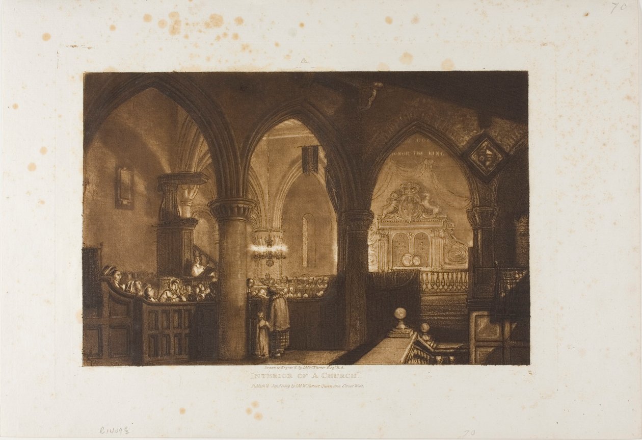 Interiør i en kirke, plate 70 fra Liber Studiorum av Joseph Mallord William Turner