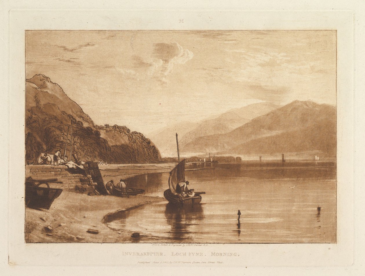 Inverary Pier, Loch Fyne, morgen (Liber Studiorum, del VII, plate 35) av Joseph Mallord William Turner