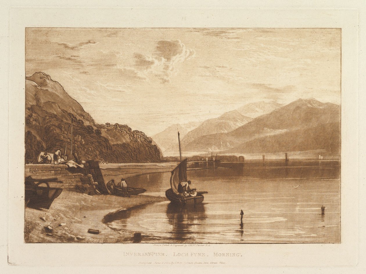 Inverary Pier, Loch Fyne, morgen, del VII, plansje 35 fra «Liber Studiorum» av Joseph Mallord William Turner