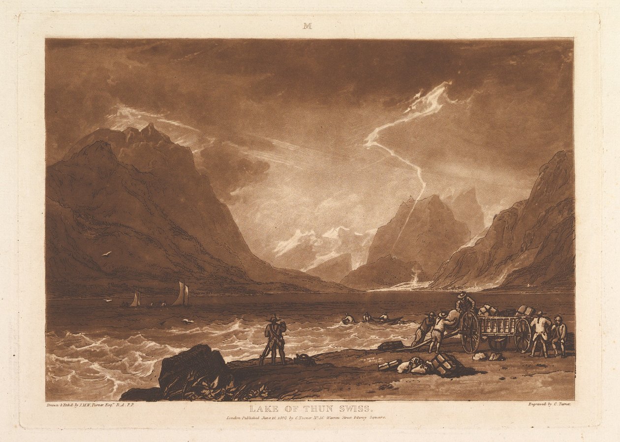 Lake of Thun, sveitsiske Liber Studiorum, del III, plate 15, 10. juni 1808. av Joseph Mallord William Turner