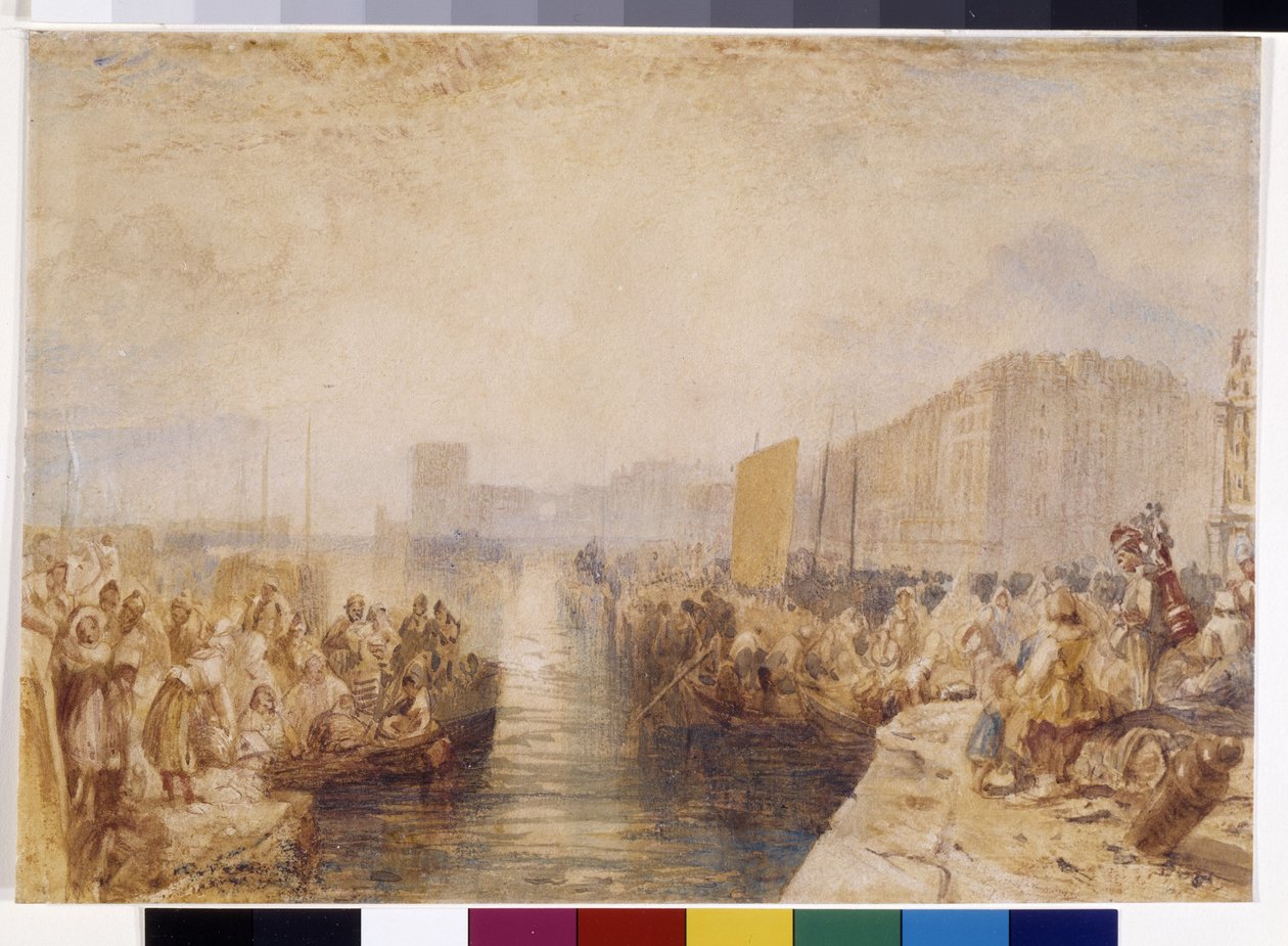 Le Havre: Solnedgang (akvarell forsterket med penn og rødt blekk på hvitt papir) av Joseph Mallord William Turner
