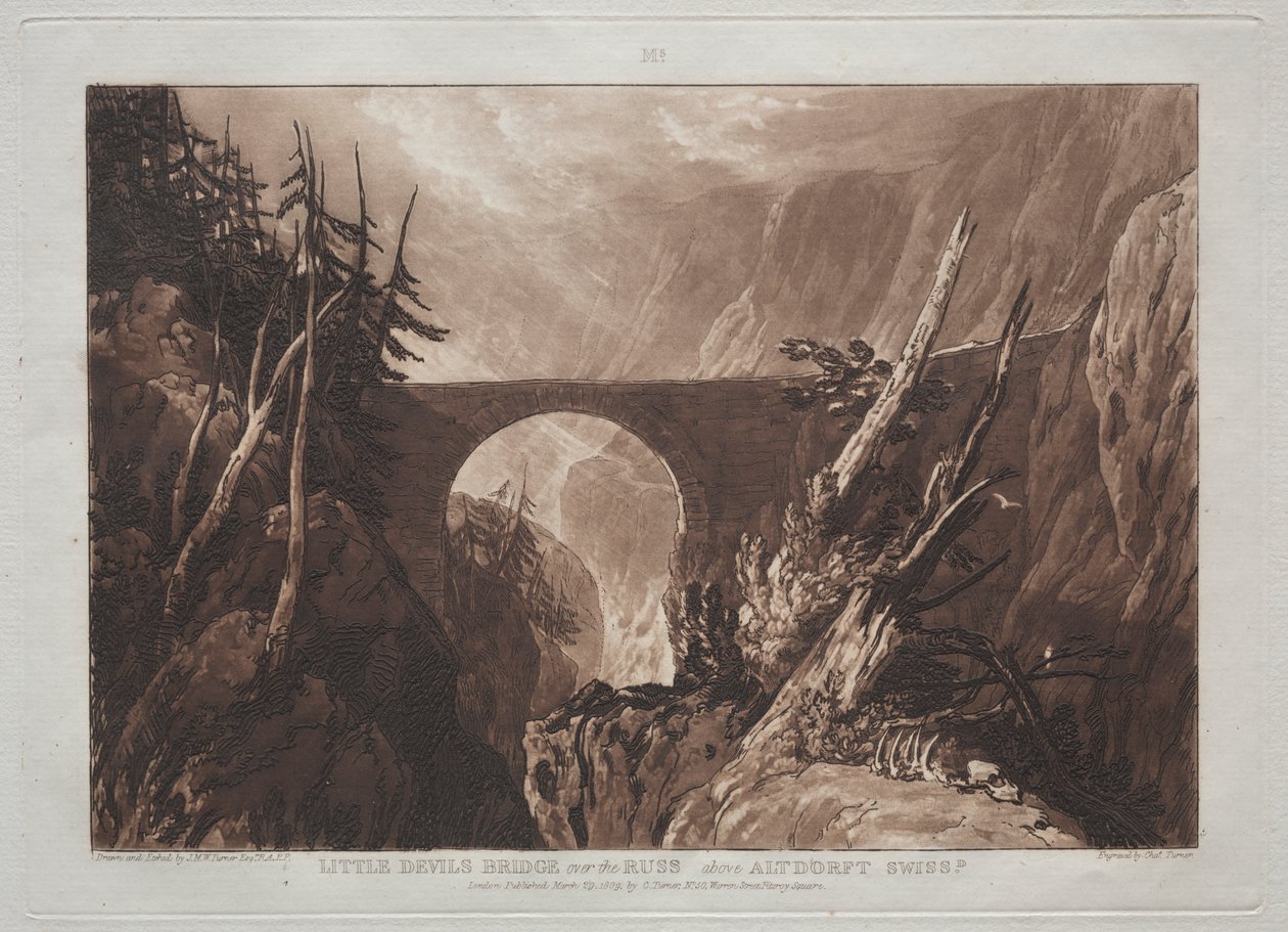Liber Studiorum: Little Devil's Bridge over Russ, over Altdorft, Sveits av Joseph Mallord William Turner