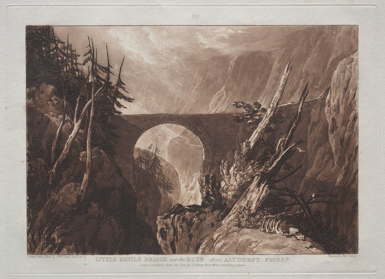 Liber Studiorum: Little Devils Bridge over Russ, over Altdorft, Sveits. av Joseph Mallord William Turner