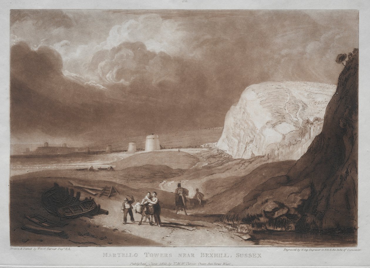 Studiebok: Martello Towers, nær Bexhill, Sussex. av Joseph Mallord William Turner