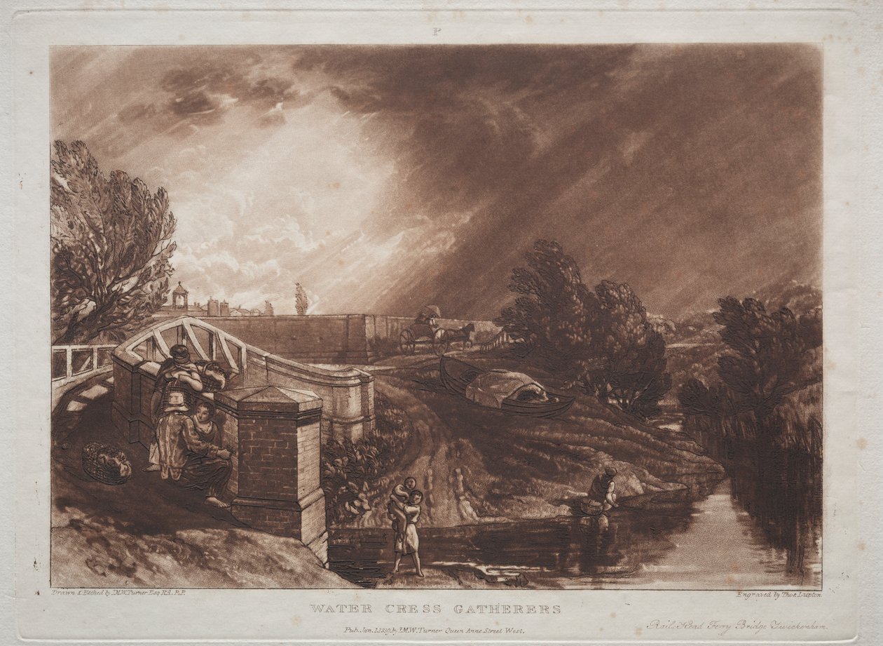 Liber Studiorum: Watercress Gatherers, Rails Head, Ferry Bridge, Twickenham av Joseph Mallord William Turner