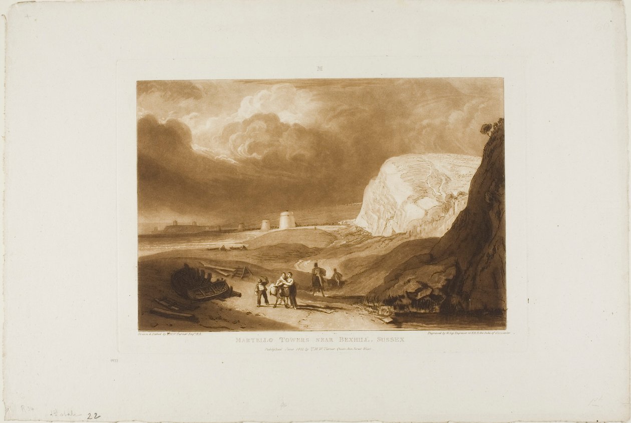 Martello Towers nær Bexhill, Sussex, plate 34 fra Liber Studiorum av Joseph Mallord William Turner