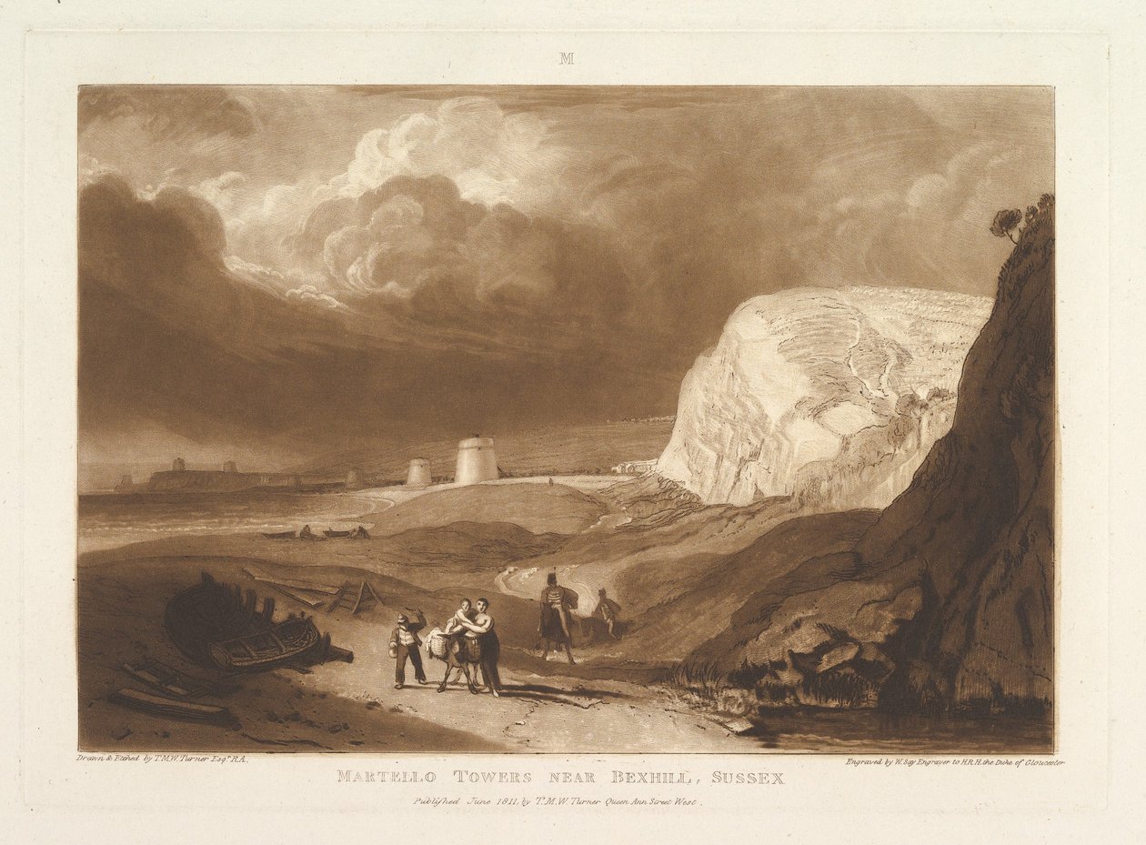 Martello Towers nær Bexhill, Sussex Liber Studiorum, del VII, plate 34, juni 1811. av Joseph Mallord William Turner