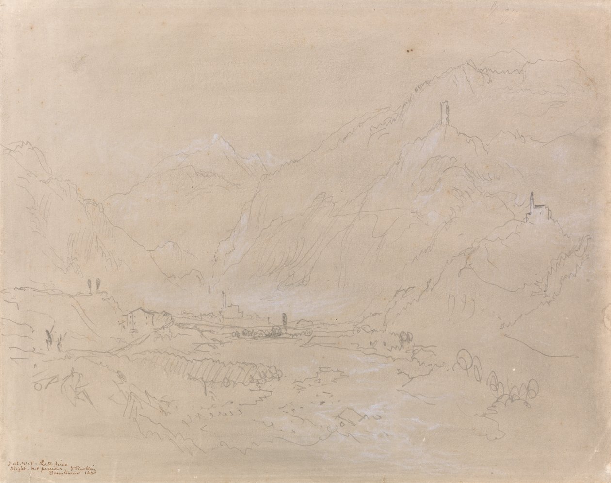 Fjelllandskap med by i dalen, ca. 1840 (grafitt og grå vask på papir) av Joseph Mallord William Turner