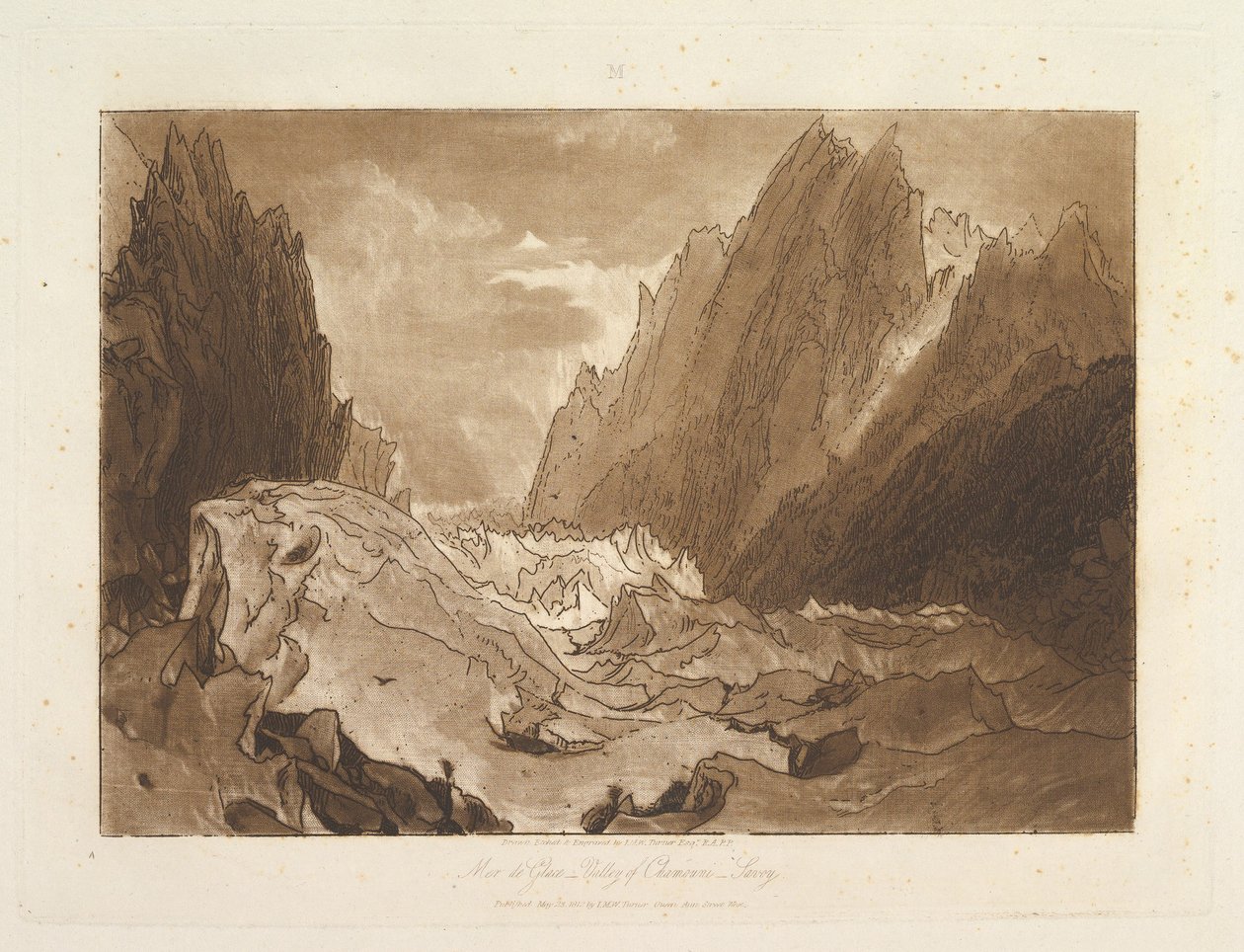 Mêr de Glace, Valley of Chamouni-Savoy Liber Studiorum, del X, plate 50, 23. mai 1812. av Joseph Mallord William Turner