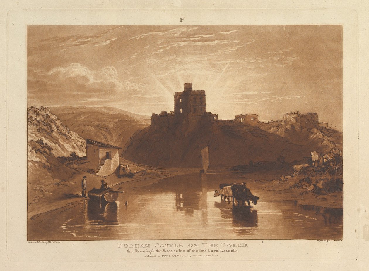 Norham Castle på Tweed Liber Studiorum, del XII, plate 57, 1. januar 1816. av Joseph Mallord William Turner