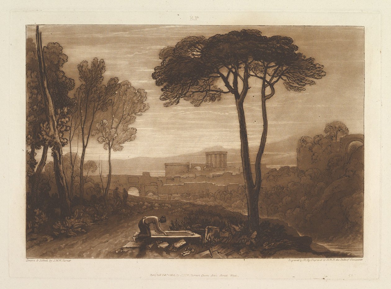 Scene i Campagna Liber Studiorum, del VIII, plate 38, 1. februar 1812 av Joseph Mallord William Turner