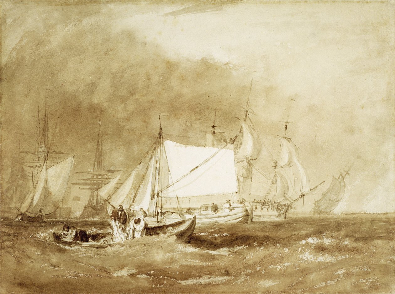 Shipping Scene, with Fishermen, ca. 1815-20 (pensel og brunt blekk på papir) av Joseph Mallord William Turner