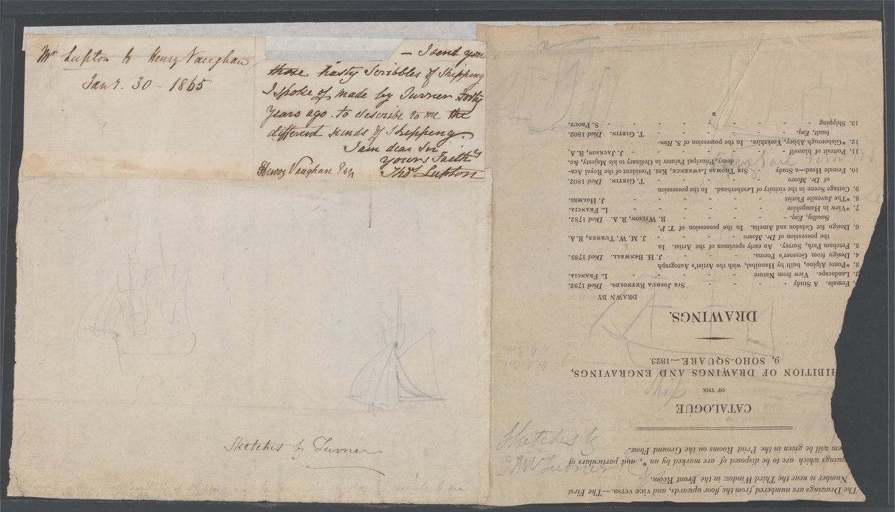 Skisse av to skip på en katalogside, ca. 1823 av Joseph Mallord William Turner