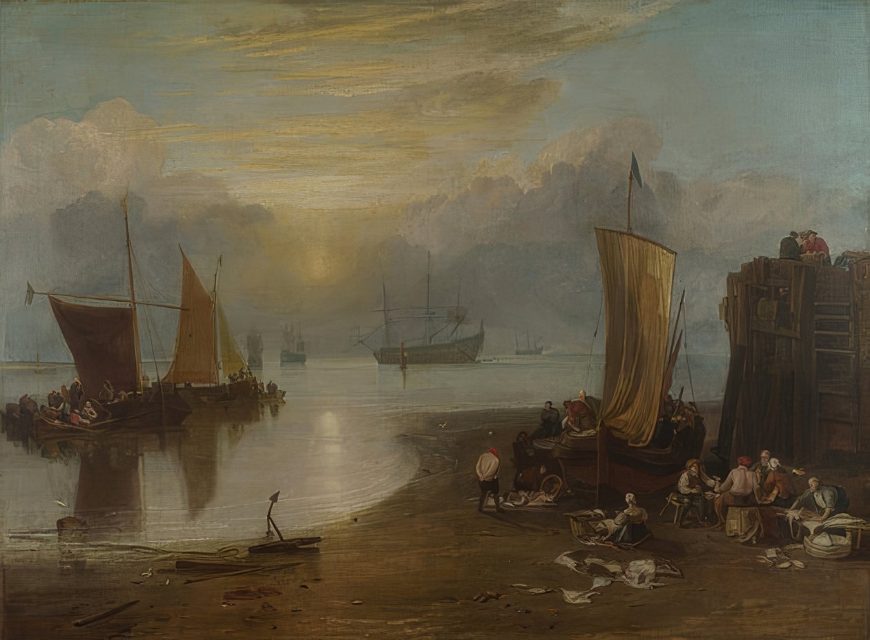 Soloppgang i disen. Fiskere som sløyer og selger fisk. Før 1807 av Joseph Mallord William Turner