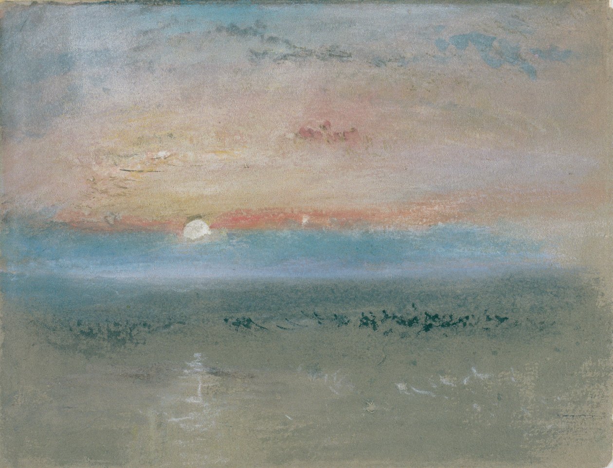 Solnedgang, ca. 1830 (wc og gouache på grått papir) av Joseph Mallord William Turner