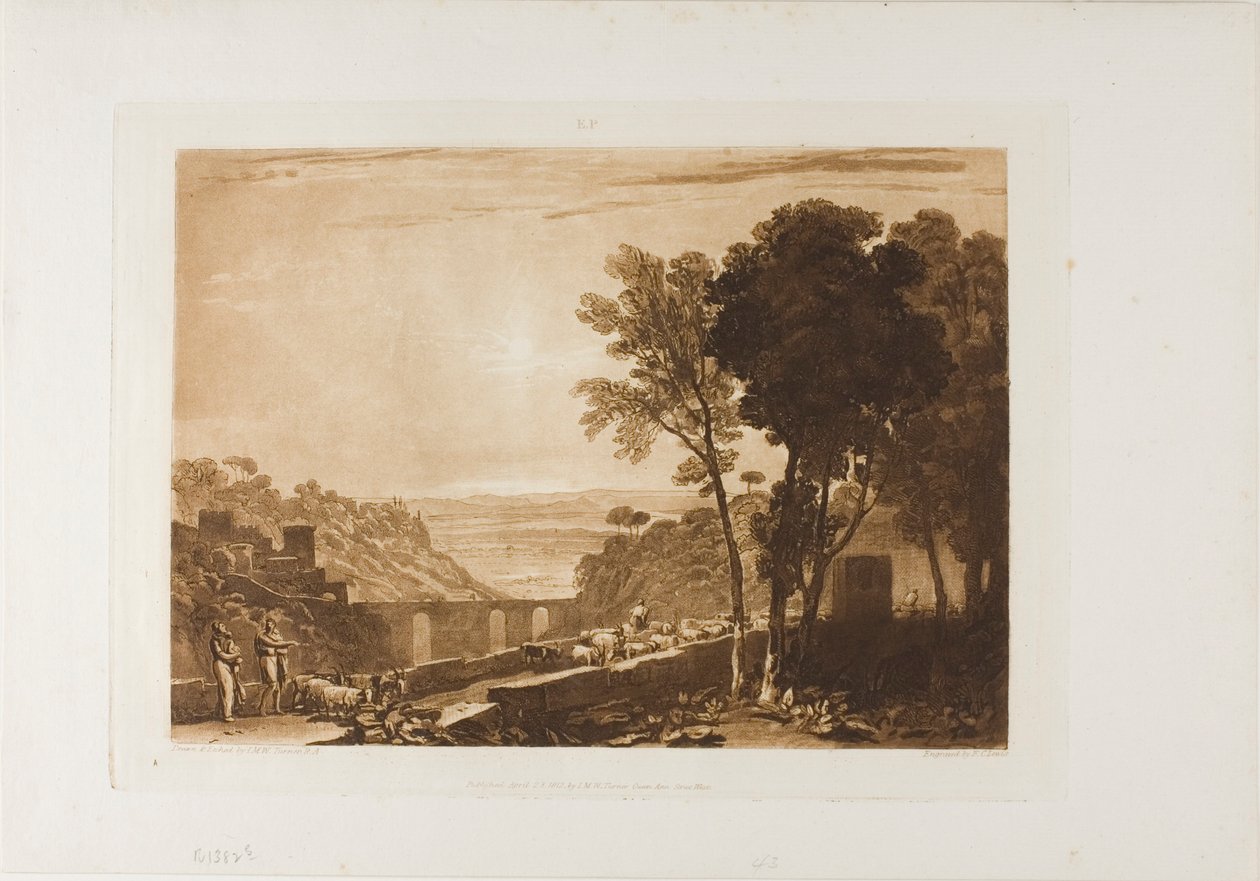 Broen og geitene, plate 43 fra LIber Studiorum av Joseph Mallord William Turner