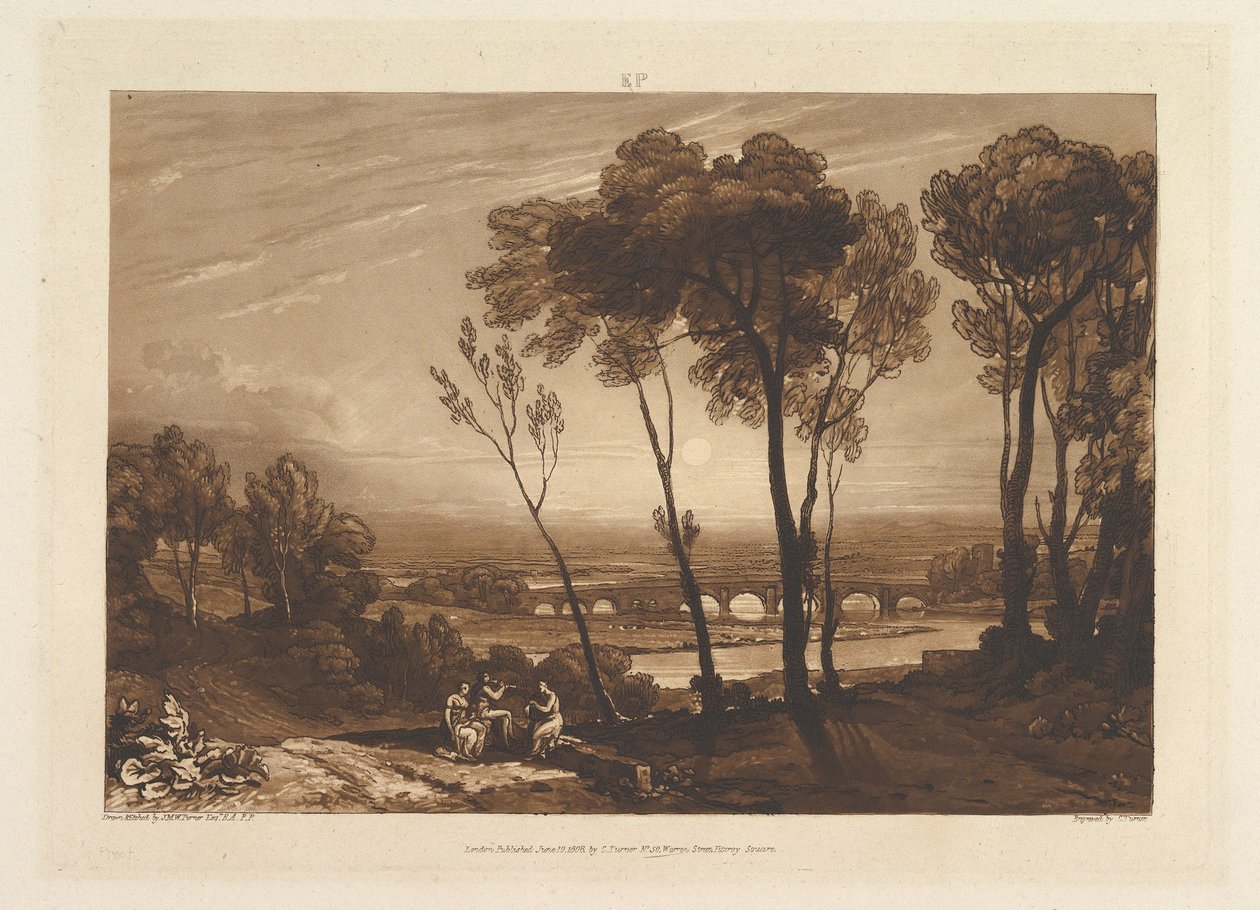 The Bridge in Middle Distance Liber Studiorum, del III, plate 13, 10. juni 1808. av Joseph Mallord William Turner