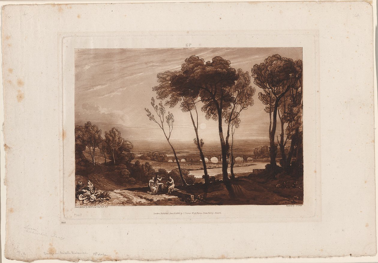 Broen i mellomdistanse, plate 13 fra Liber Studiorum av Joseph Mallord William Turner