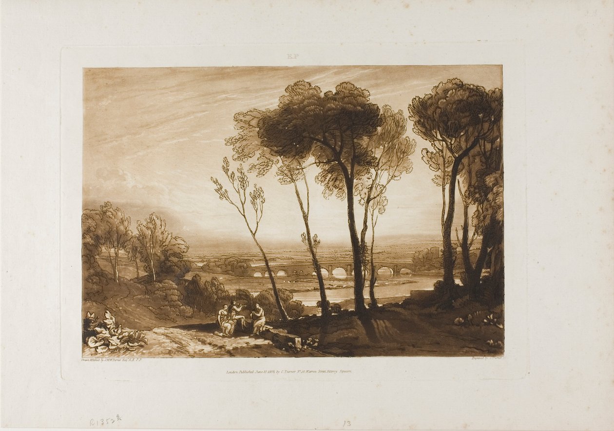 Broen i mellomdistanse, plate 13 fra Liber Studiorum av Joseph Mallord William Turner
