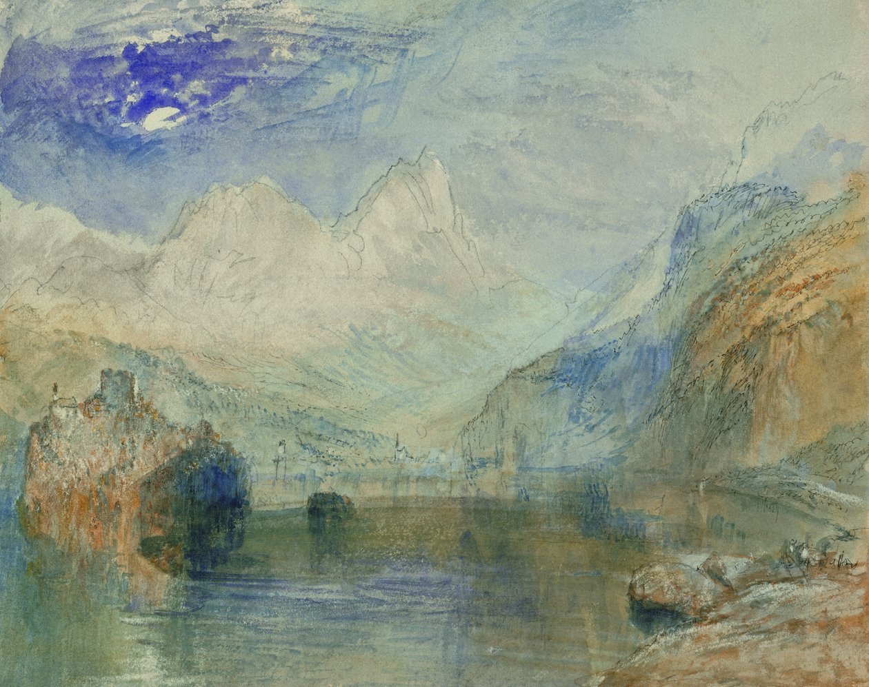 Lauerzersee med Schwyz and the Mythen (akvarell på papir) av Joseph Mallord William Turner
