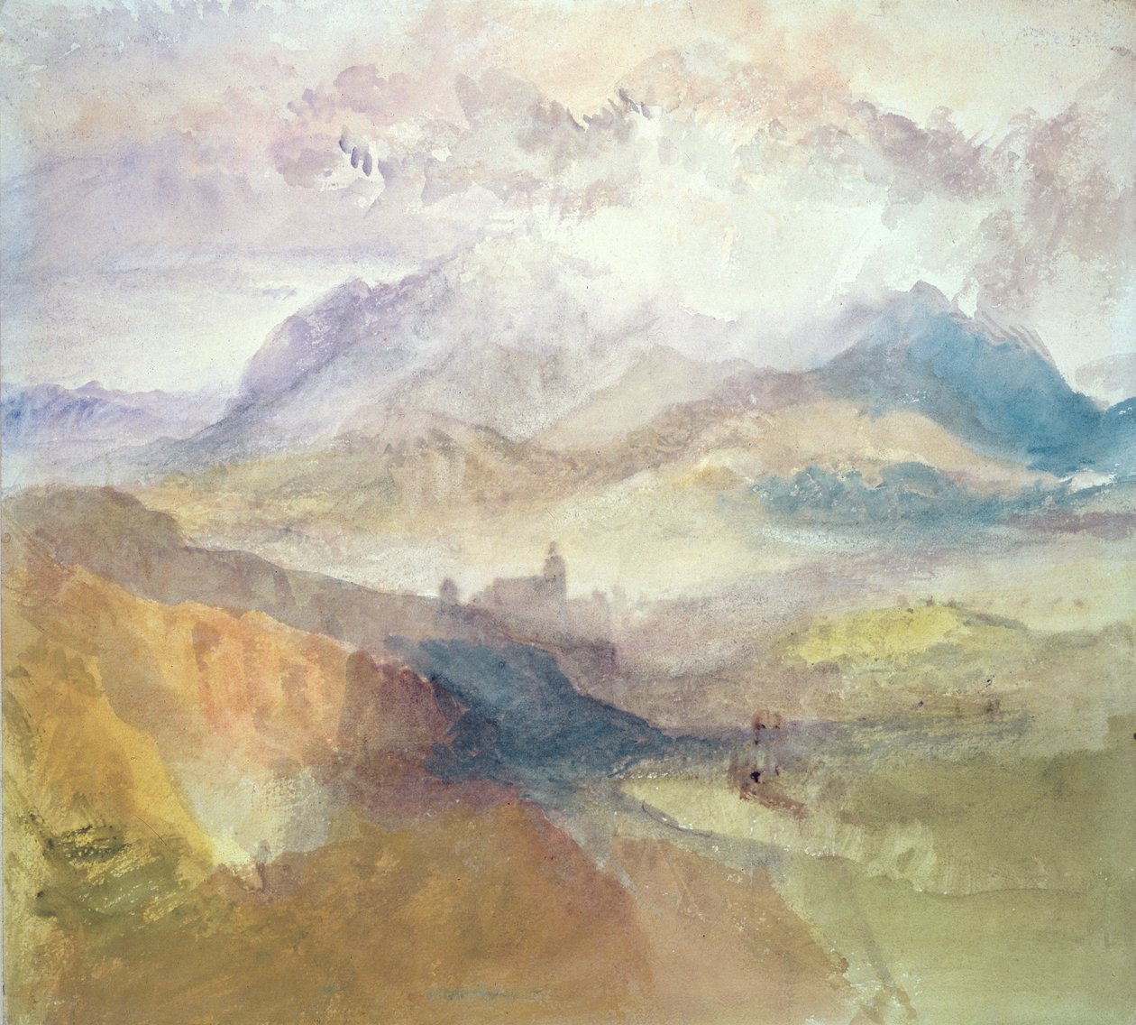 Utsikt langs en alpindal, muligens Val d"Aosta av Joseph Mallord William Turner