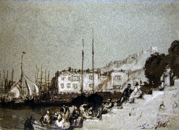 Utsikt over East Cowes, Isle of Wight (penn og blekk og kroppsfarge på blått papir) av Joseph Mallord William Turner