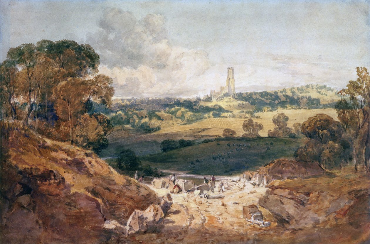 Utsikt over Fonthill fra et steinbrudd, ca. 1799 (penn og blekk og akvarell på papir) av Joseph Mallord William Turner