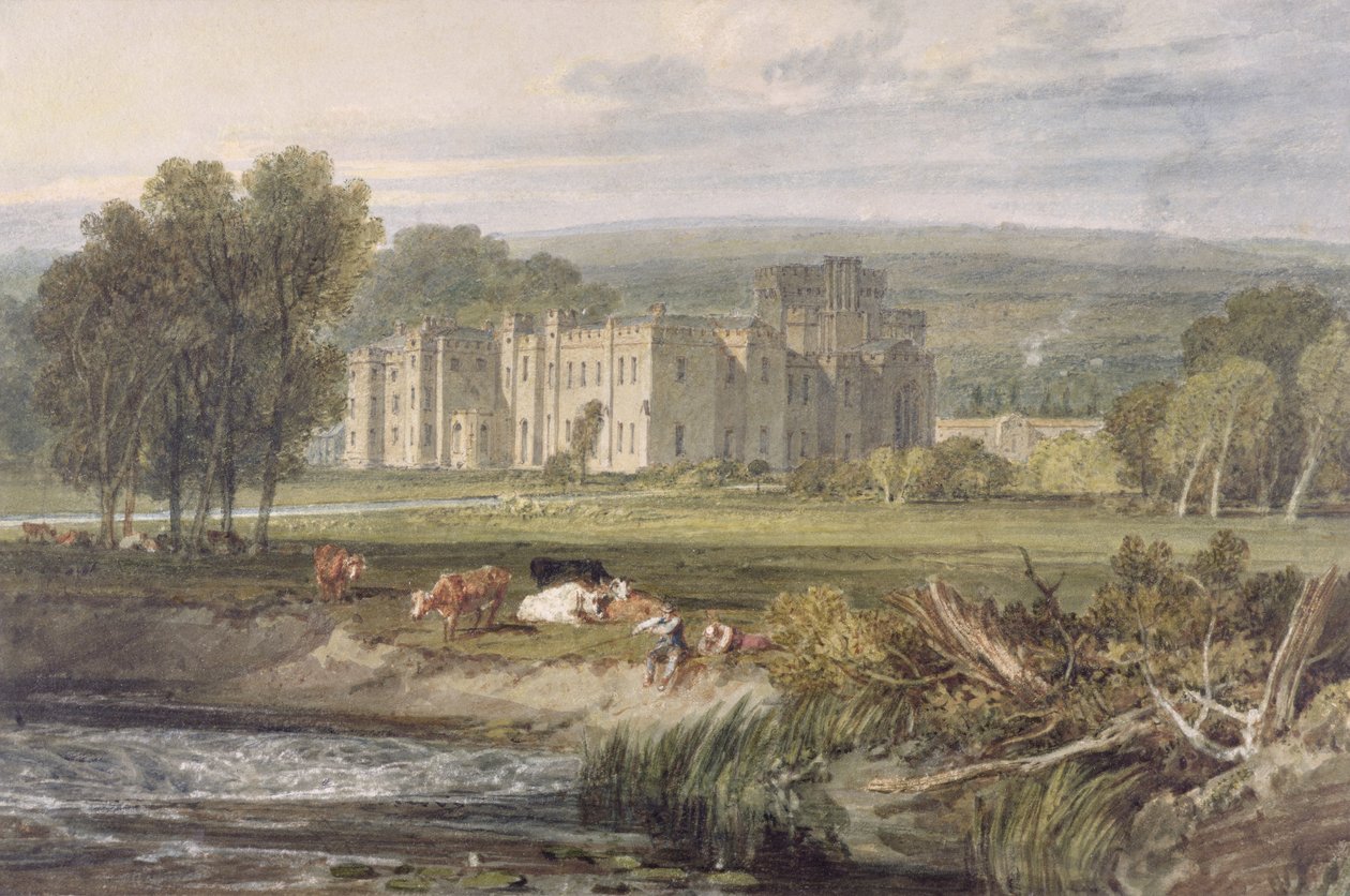 Utsikt over Hampton Court, Herefordshire, fra sør-øst, ca. 1806 (akvarell over grafitt på vevd papir) av Joseph Mallord William Turner