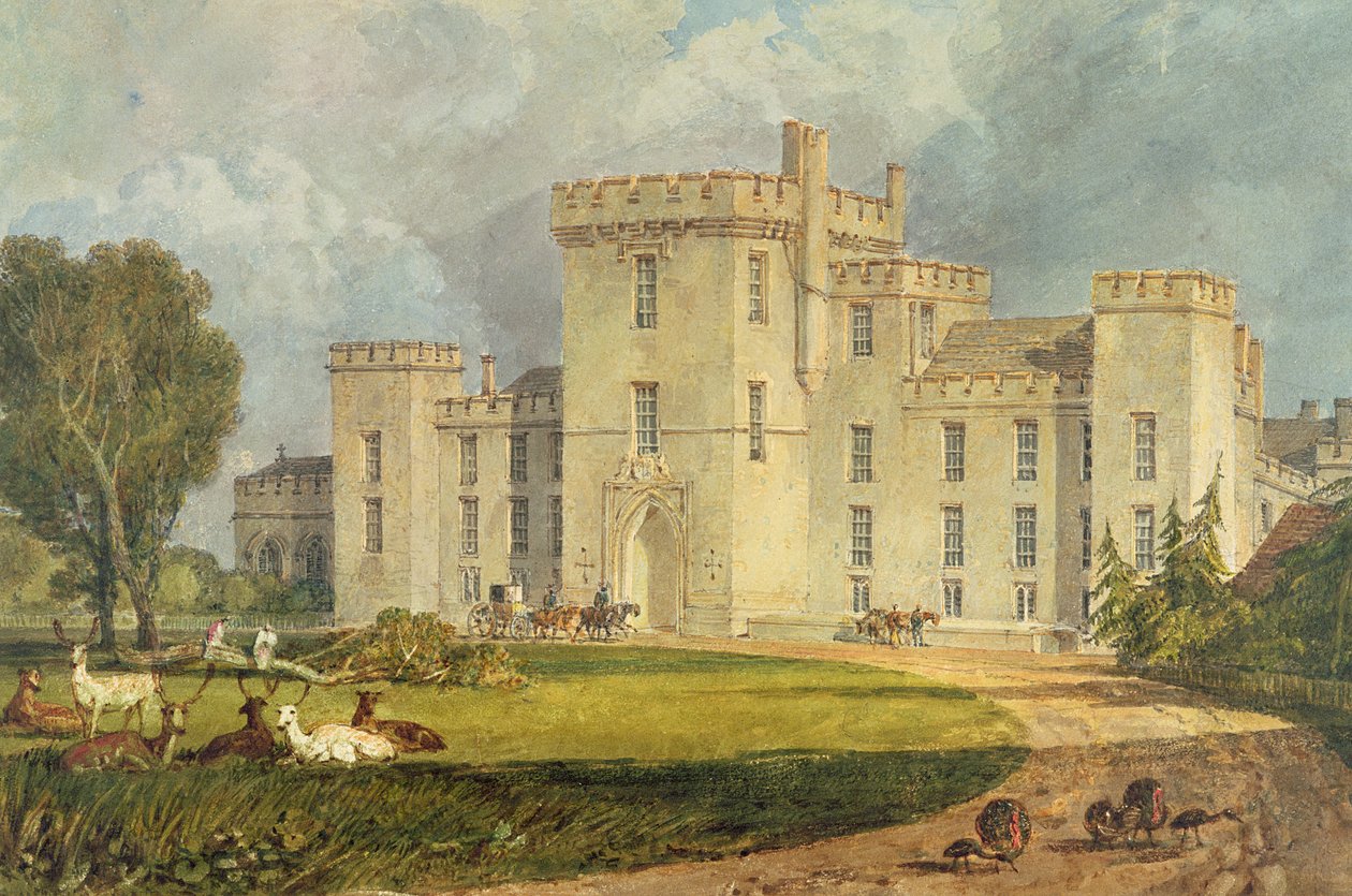 Utsikt over Hampton Court fra nordvest, ca. 1806 (penn og blekk og akvarell over blyant på vevd papir) av Joseph Mallord William Turner