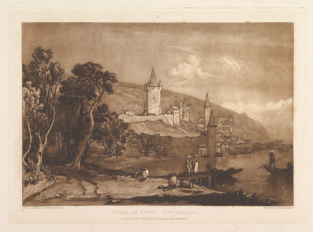 Byen Thun, Sveits Liber Studiorum, del XII, plate 59, 1. januar, av Joseph Mallord William Turner