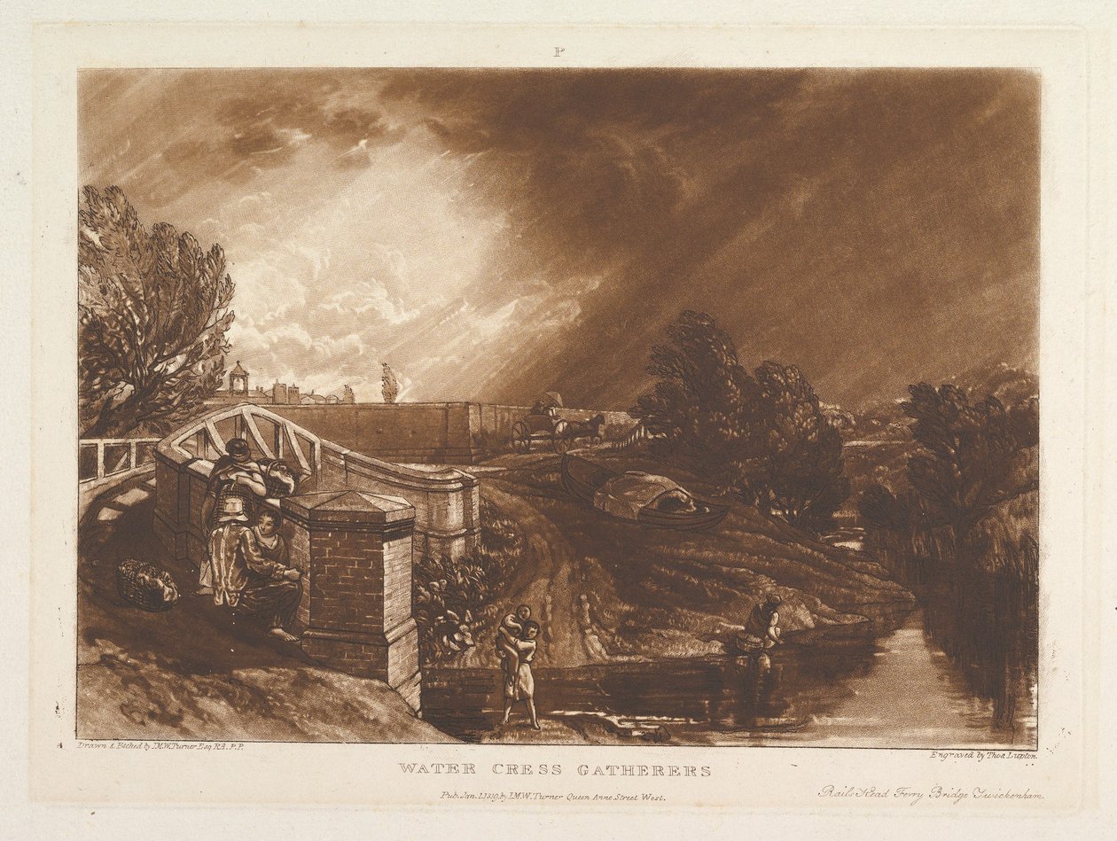 Water Cress Gatherers, Rails Head Ferry Bridge, Twickenham Liber Studiorum, pa..., 1. januar 1819. av Joseph Mallord William Turner