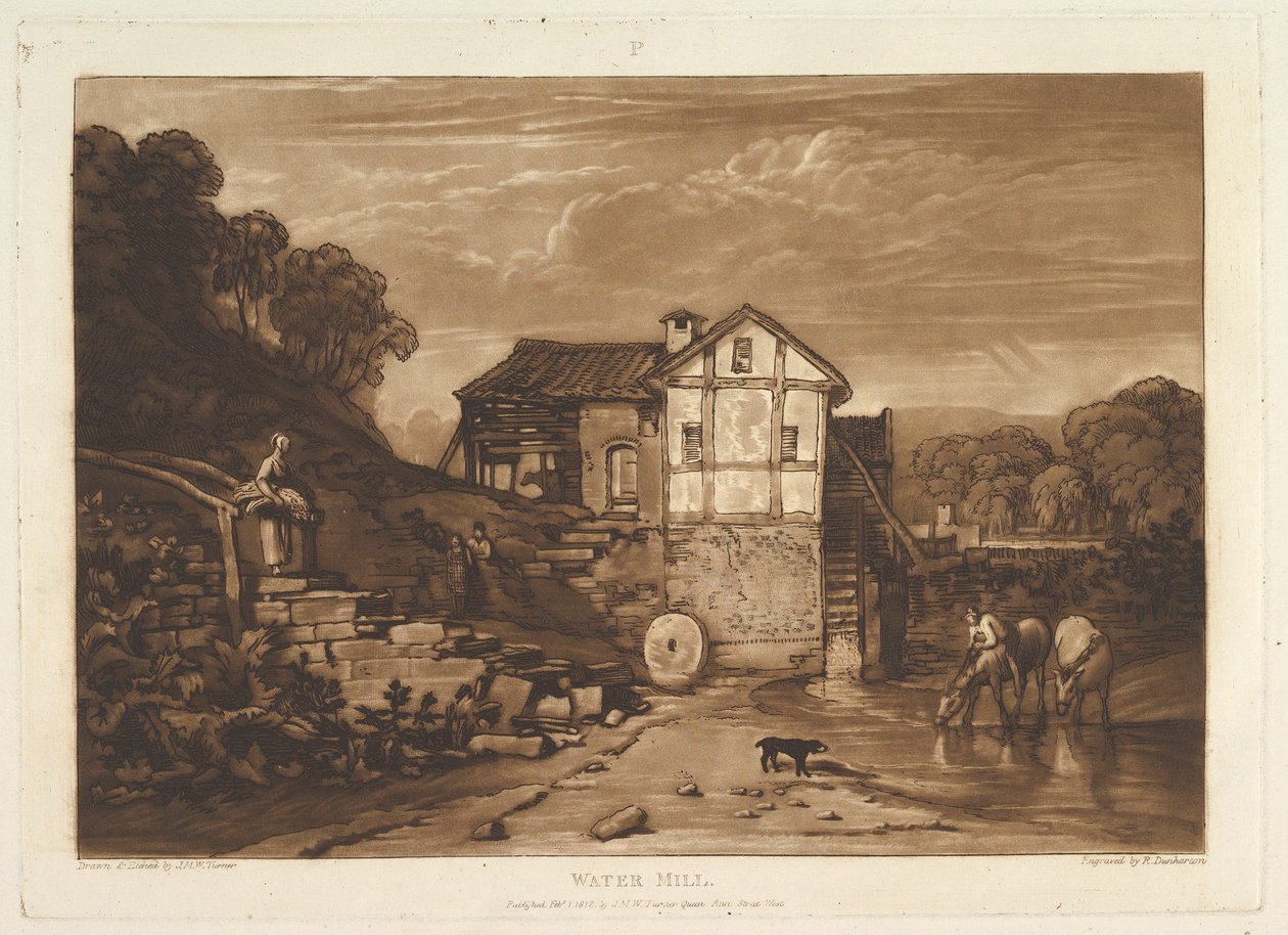 Vannmølle Liber Studiorum, del VIII, plate 37, 1. februar 1812. av Joseph Mallord William Turner