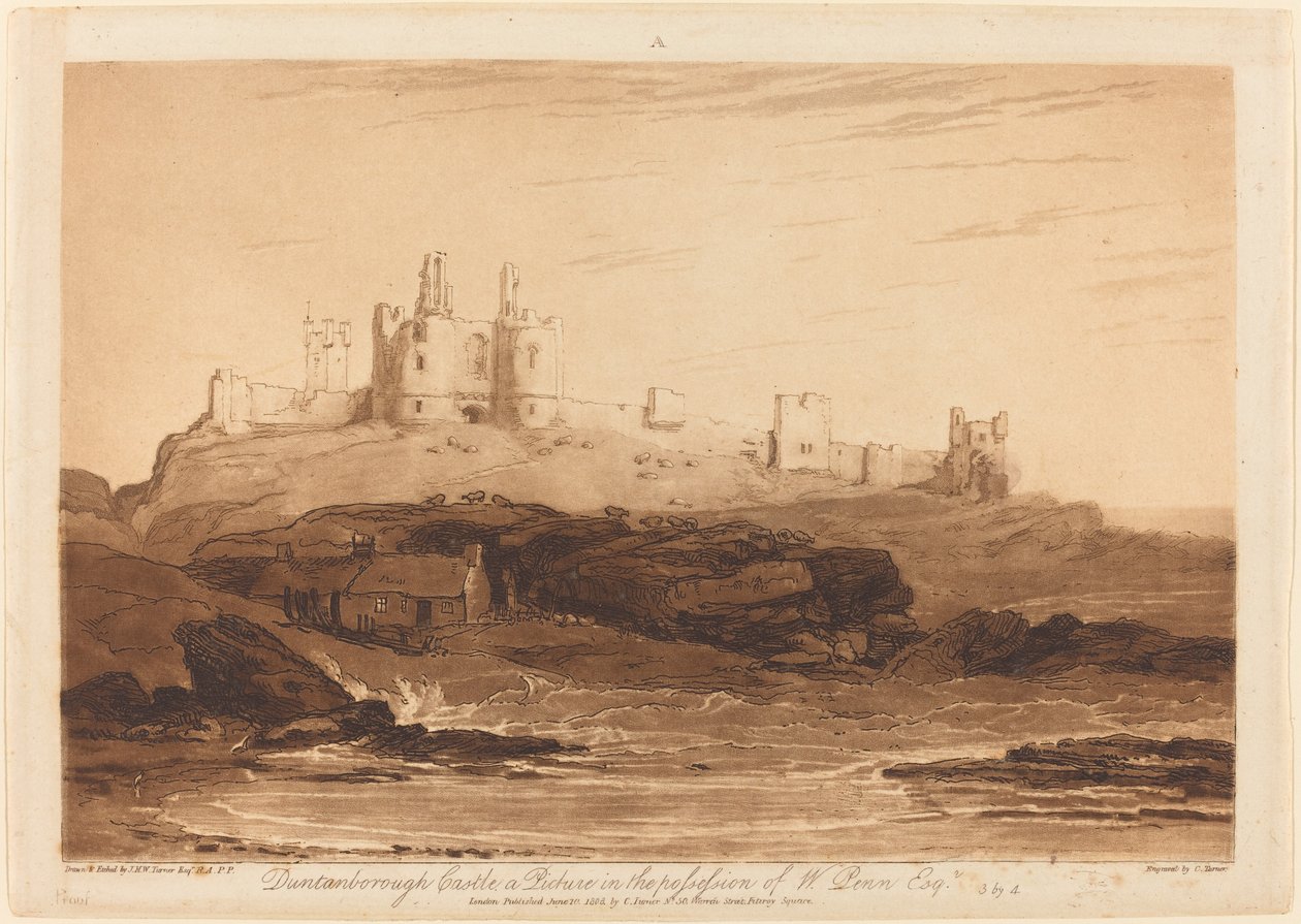 Dunstanburgh slott av Joseph Mallord William Turner and Charles Turner