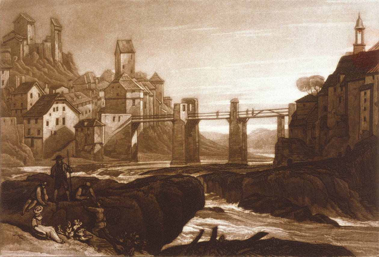 F.31.I Lauffenbourgh ved Rhinen, fra Liber Studiorum, gravert av T. Hodgetts, 1811 av after Joseph Mallord William Turner