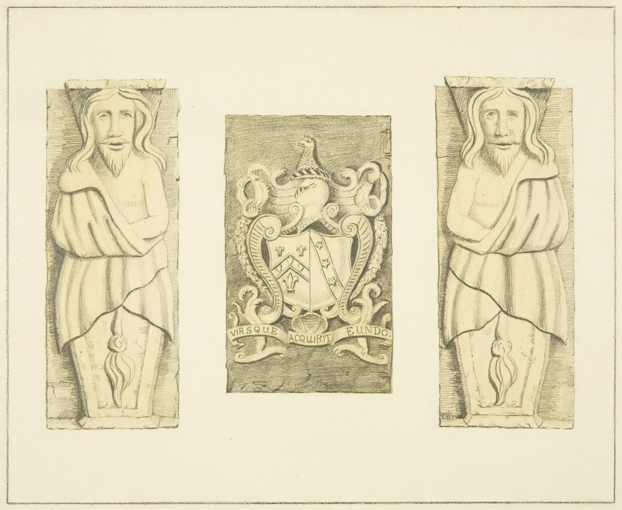 2 figurer og våpenskjold fra Gateway på Black Castle, Brislington av Joseph Manning