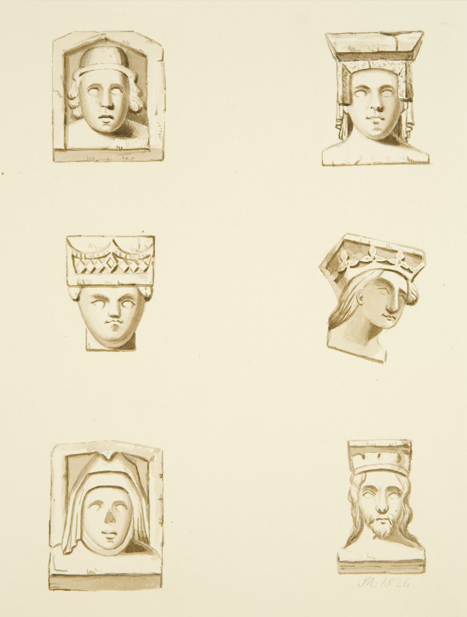 6 Corbels in Roof of St James's (blyant og akvarell på papir) av Joseph Manning