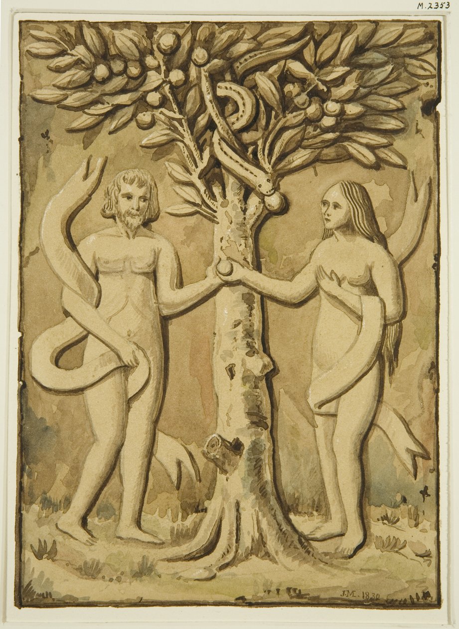Adam og Eva skjærer i tre (akvarell på papir) av Joseph Manning