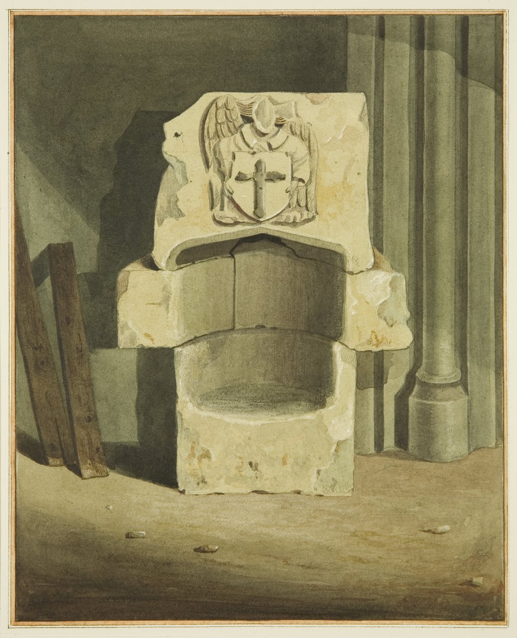 Gammel font tatt ut av sørveggen til krypten til Johanneskirken (akvarell på papir) av Joseph Manning