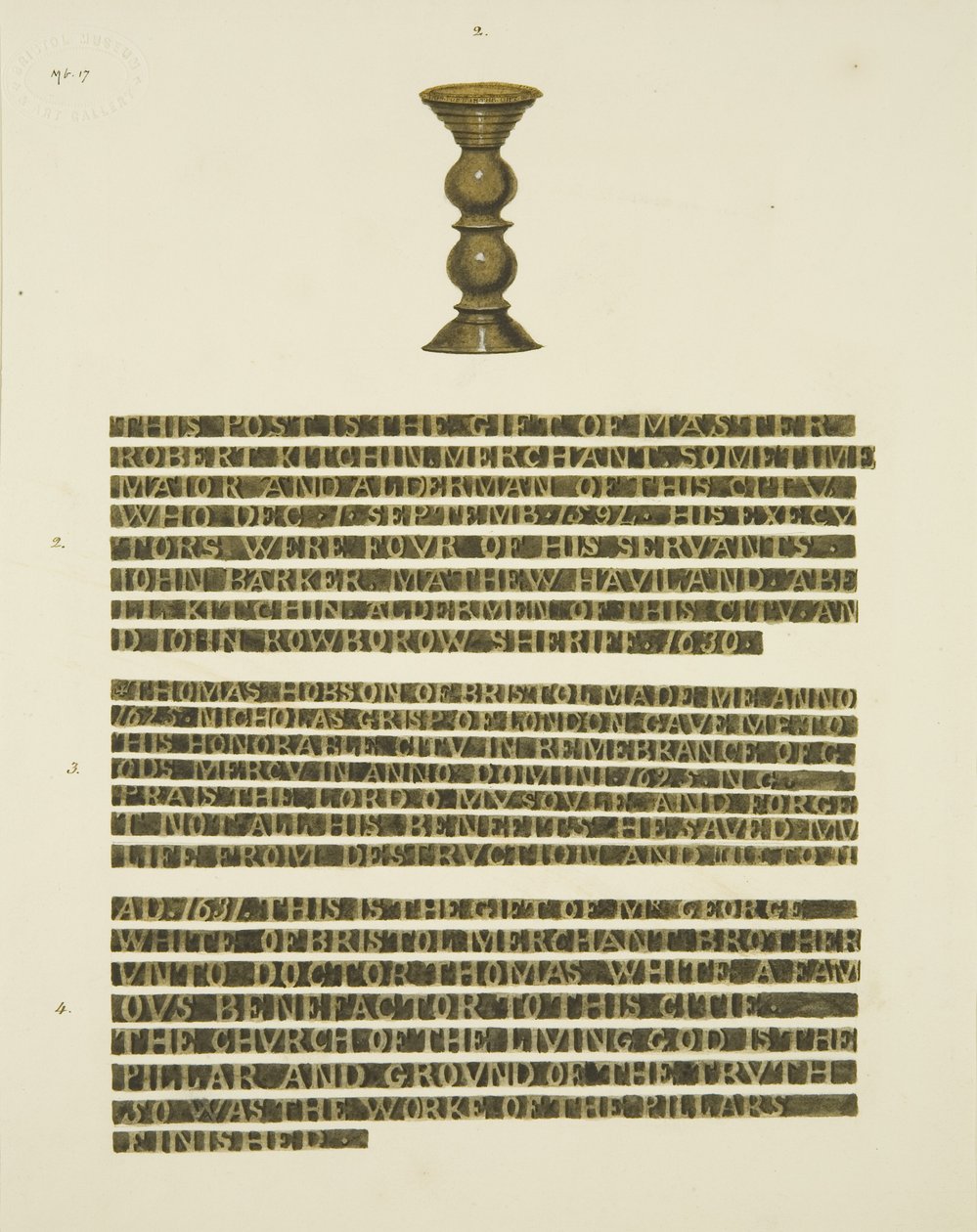 Bronsesøyle (spiker) nr. 2, med inskripsjoner av nr. 2, 3 og 4 (blyant og akvarell på papir) av Joseph Manning