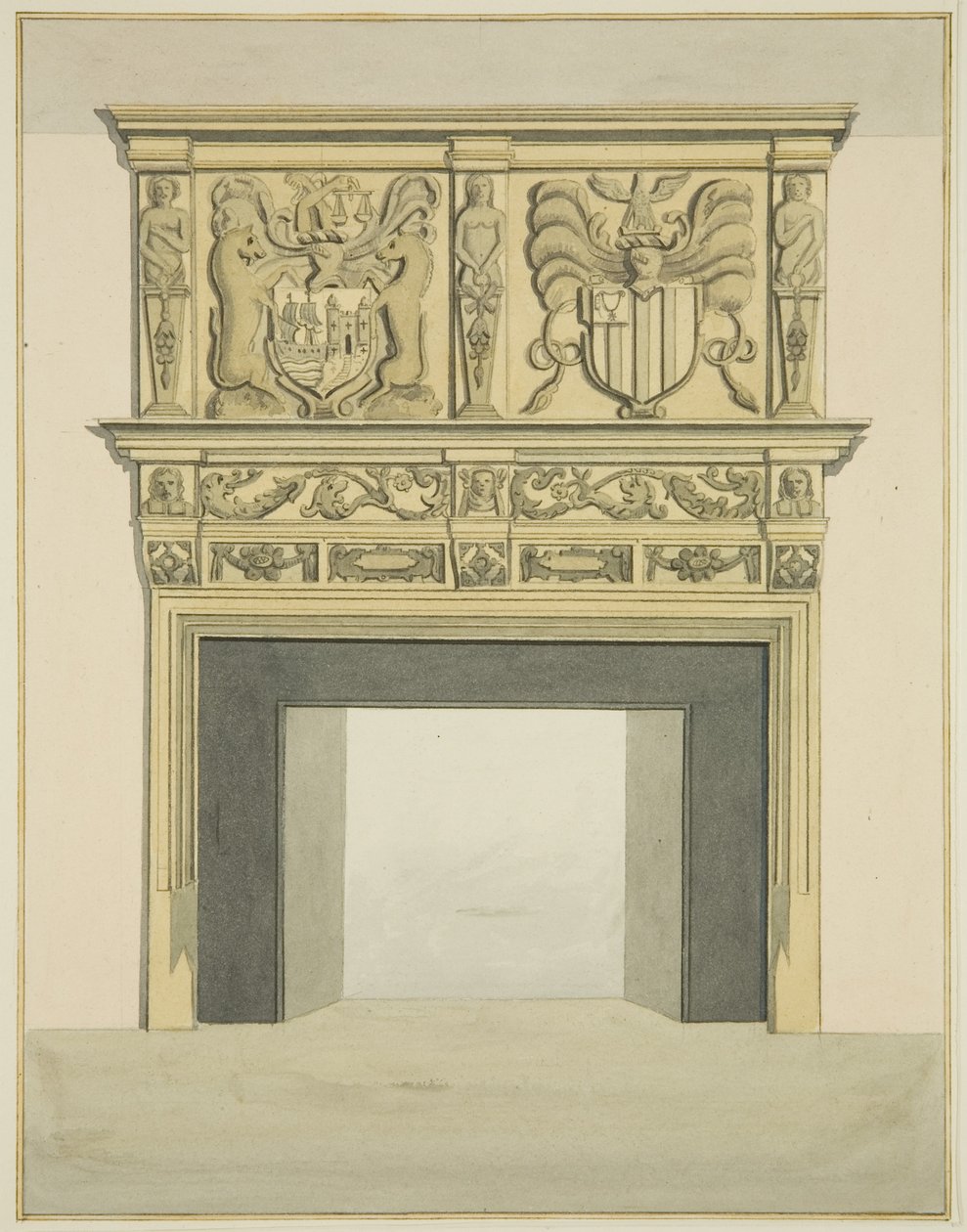 Skorsteinsstykke i tidligere bolig til Sir John Knight, Temple Street (akvarell på papir) av Joseph Manning